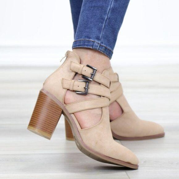 Ankle Boot Block Heel Buckle Straps Pointed Toe Sleek Cutout Back Zipper Taupe - Picture 4 of 11